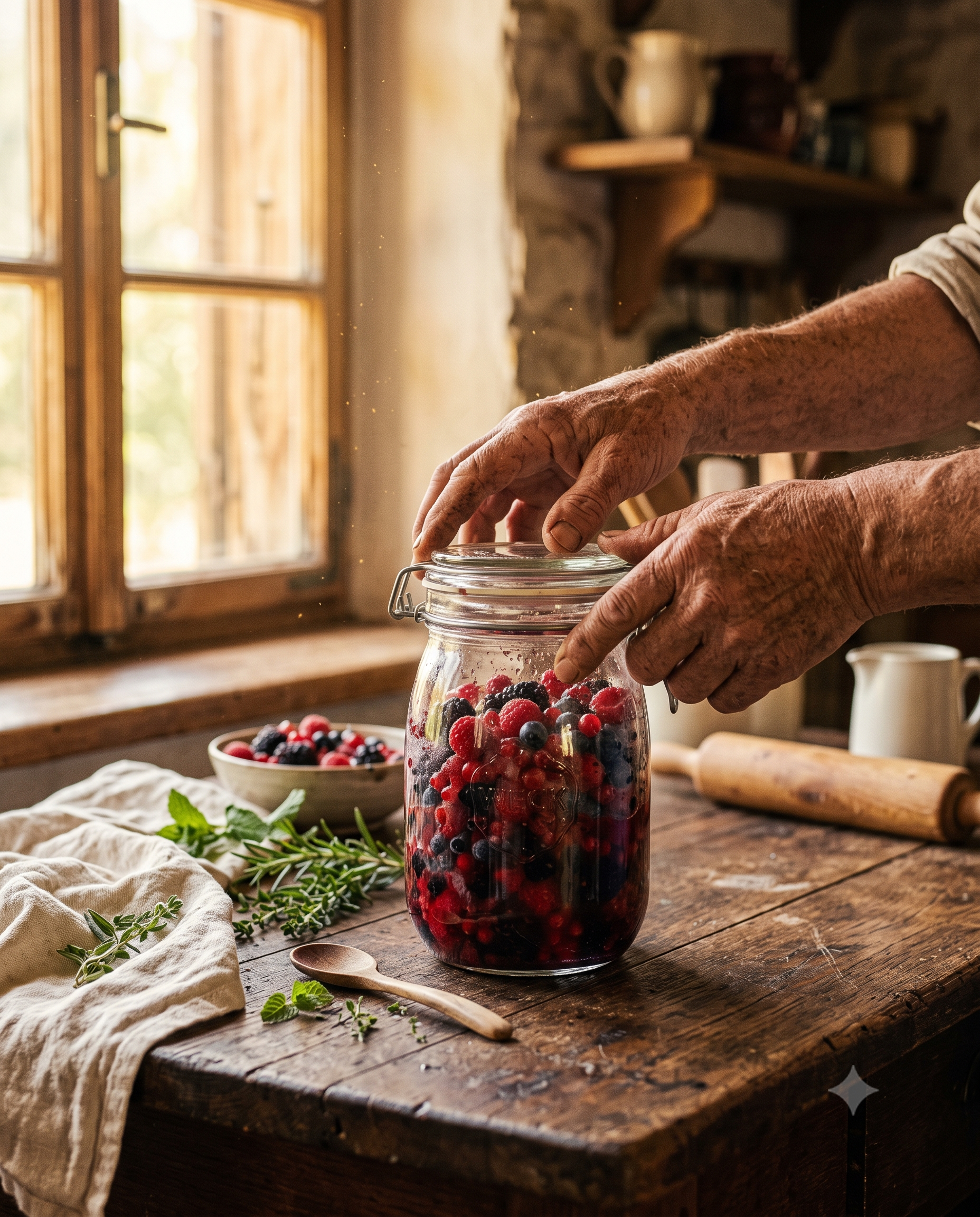 Hände schließen ein Einmachglas mit Sommerbeeren in einer Bauernküche